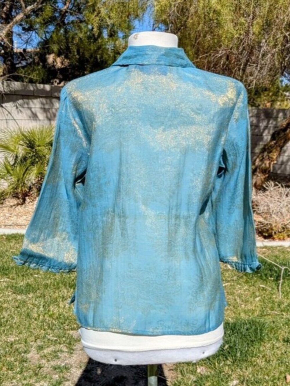 JH Collectibles Light Blue & Gold Petite Sheer Long Sleeve Top Blouse EUC